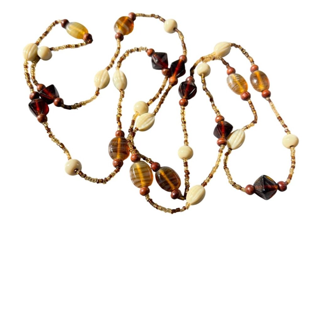 Vintage Single Strand Long Necklace Glass Beads Amber Cream No Clasp Estate 50"